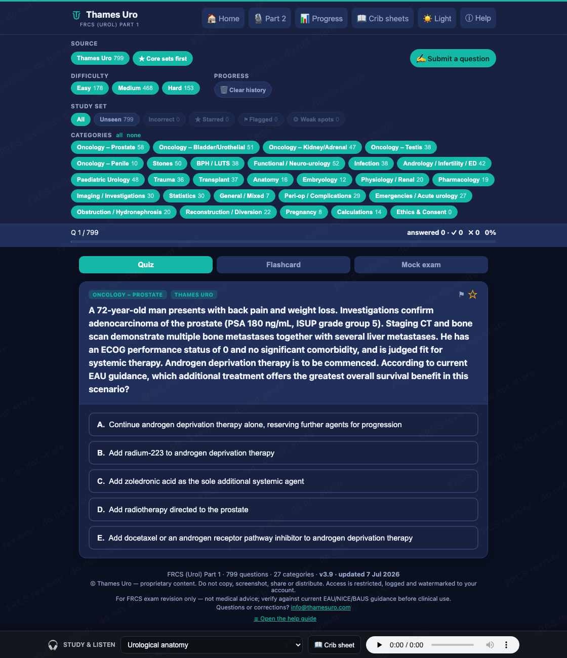 Thames Uro Part 1 question bank: topic, difficulty and source filters, Quiz/Flashcard/Mock tabs, and a sample exit-level single-best-answer question with five options